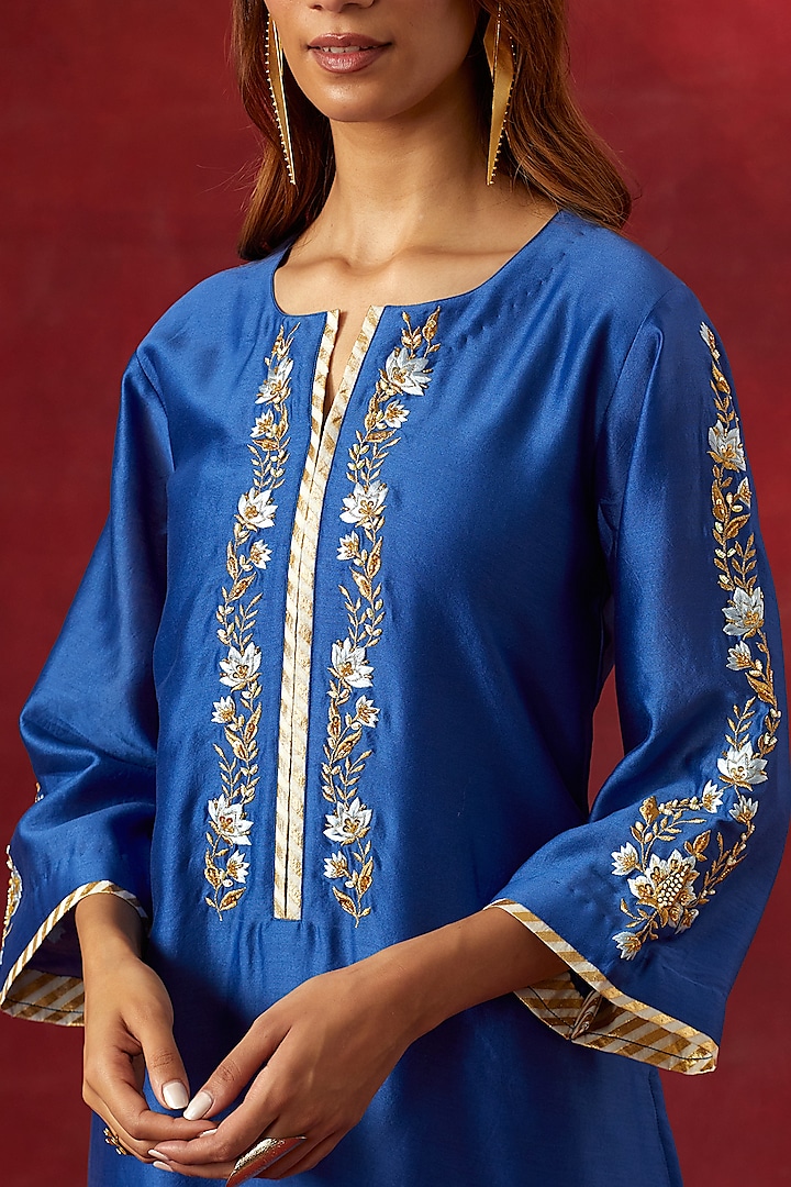 Blue Silk Chanderi Resham Embroidered Kurta Set by Anantaa By Roohi Trehan at Pernia's Pop Up Shop