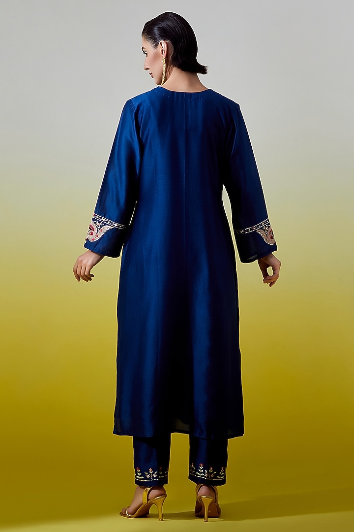 Blue Silk Chanderi Embroidered Kurta Set by Anantaa By Roohi Trehan at Pernia's Pop Up Shop