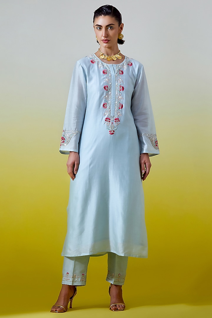 Light Blue Silk Chanderi Embroidered Kurta Set by Anantaa By Roohi Trehan at Pernia's Pop Up Shop