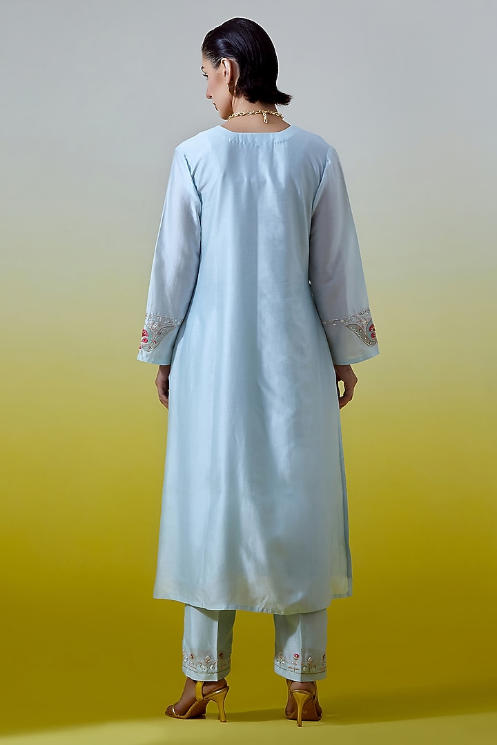 Light Blue Silk Chanderi Embroidered Kurta Set by Anantaa By Roohi Trehan at Pernia's Pop Up Shop