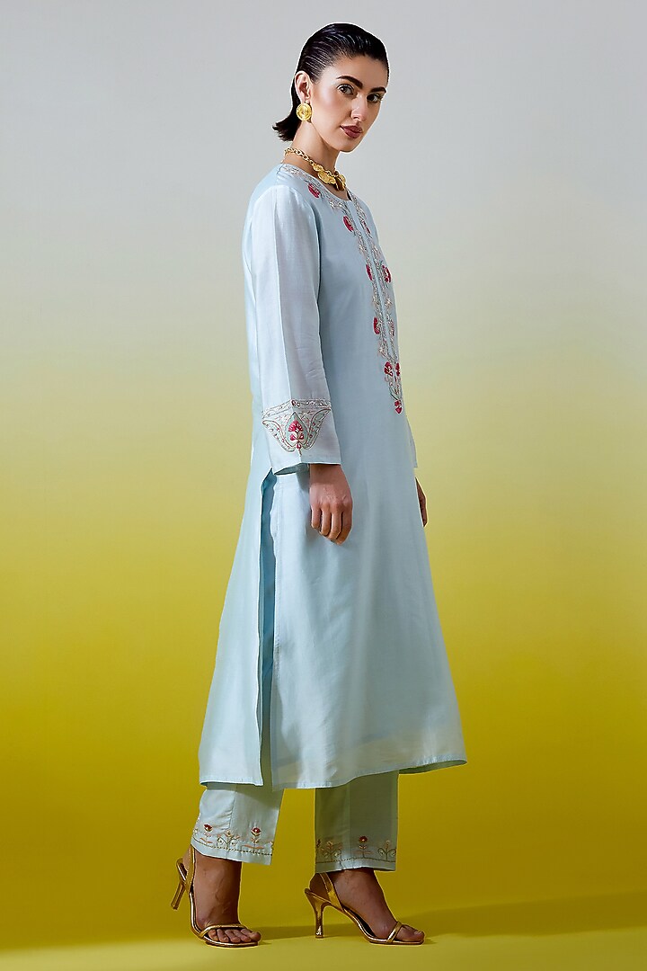 Light Blue Silk Chanderi Embroidered Kurta Set by Anantaa By Roohi Trehan at Pernia's Pop Up Shop