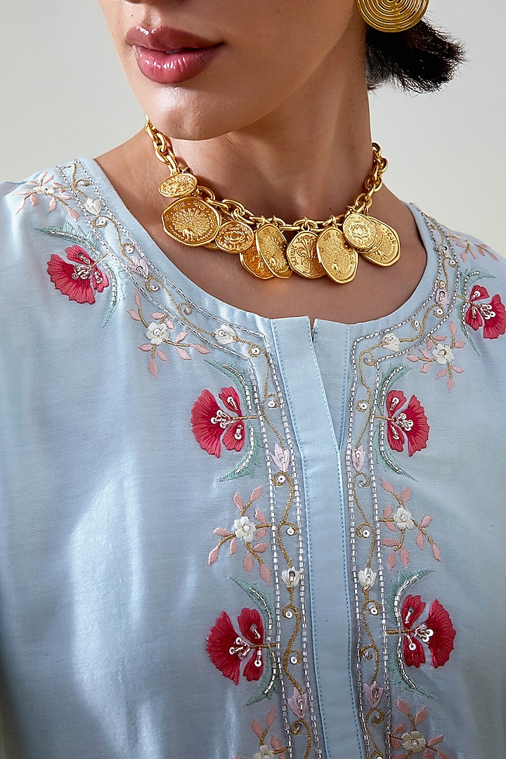 Light Blue Silk Chanderi Embroidered Kurta Set by Anantaa By Roohi Trehan at Pernia's Pop Up Shop