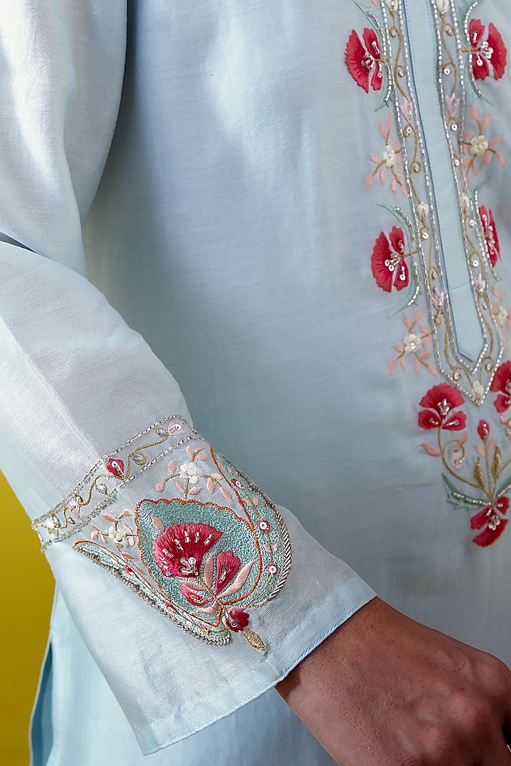 Light Blue Silk Chanderi Embroidered Kurta Set by Anantaa By Roohi Trehan at Pernia's Pop Up Shop