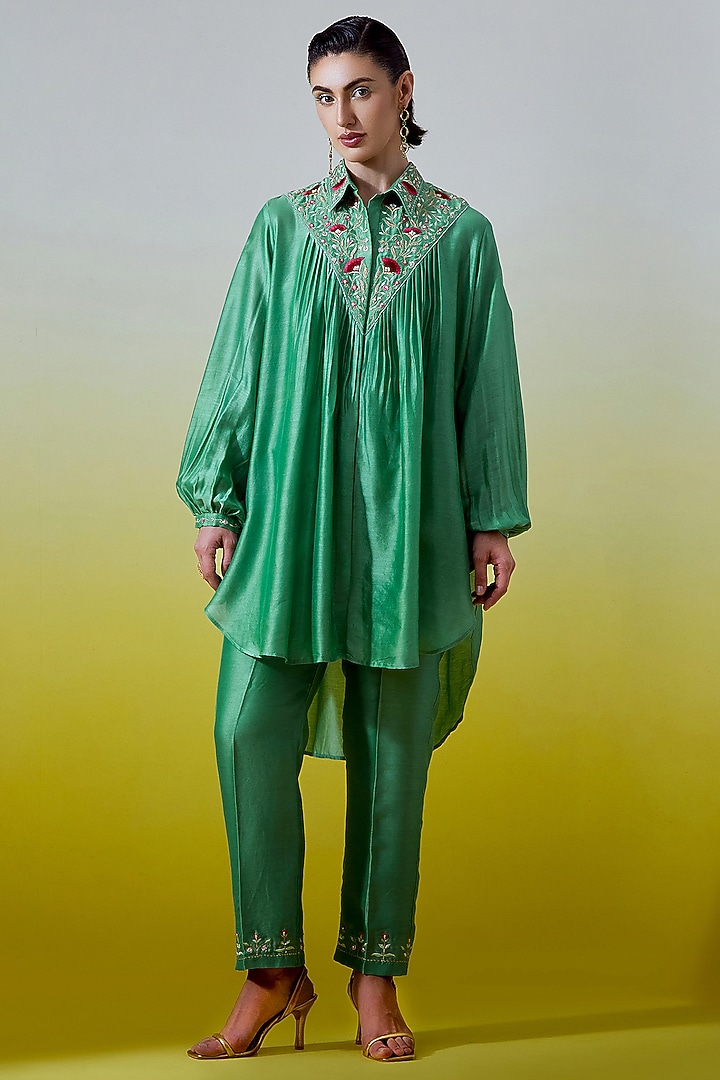 Green Silk Chanderi Embroidered Co-Ord Set by Anantaa By Roohi Trehan at Pernia's Pop Up Shop