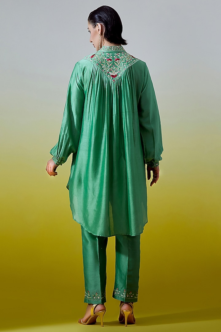Green Silk Chanderi Embroidered Co-Ord Set by Anantaa By Roohi Trehan at Pernia's Pop Up Shop