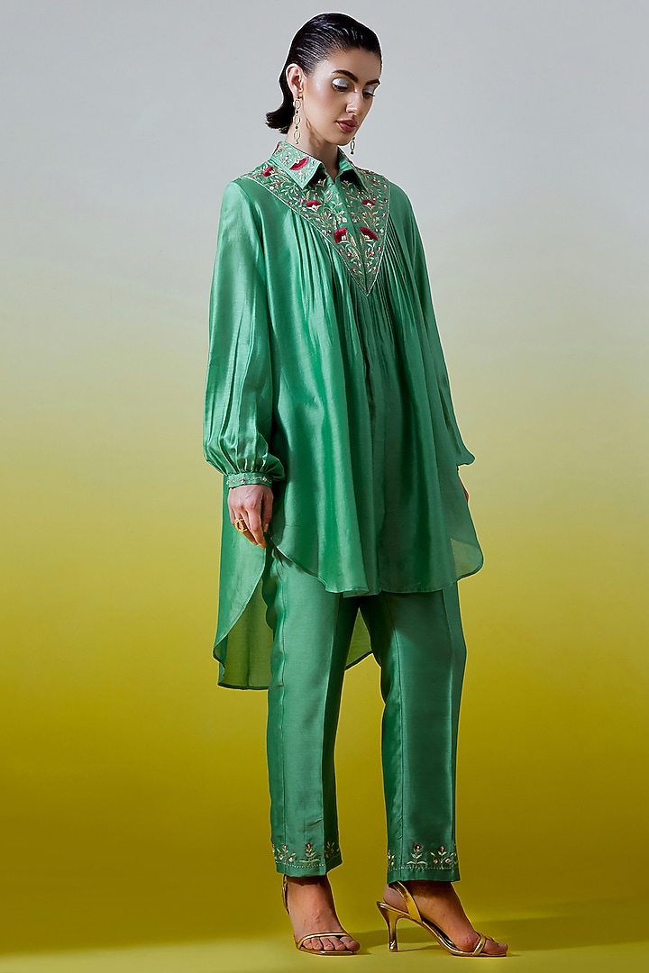 Green Silk Chanderi Embroidered Co-Ord Set by Anantaa By Roohi Trehan at Pernia's Pop Up Shop