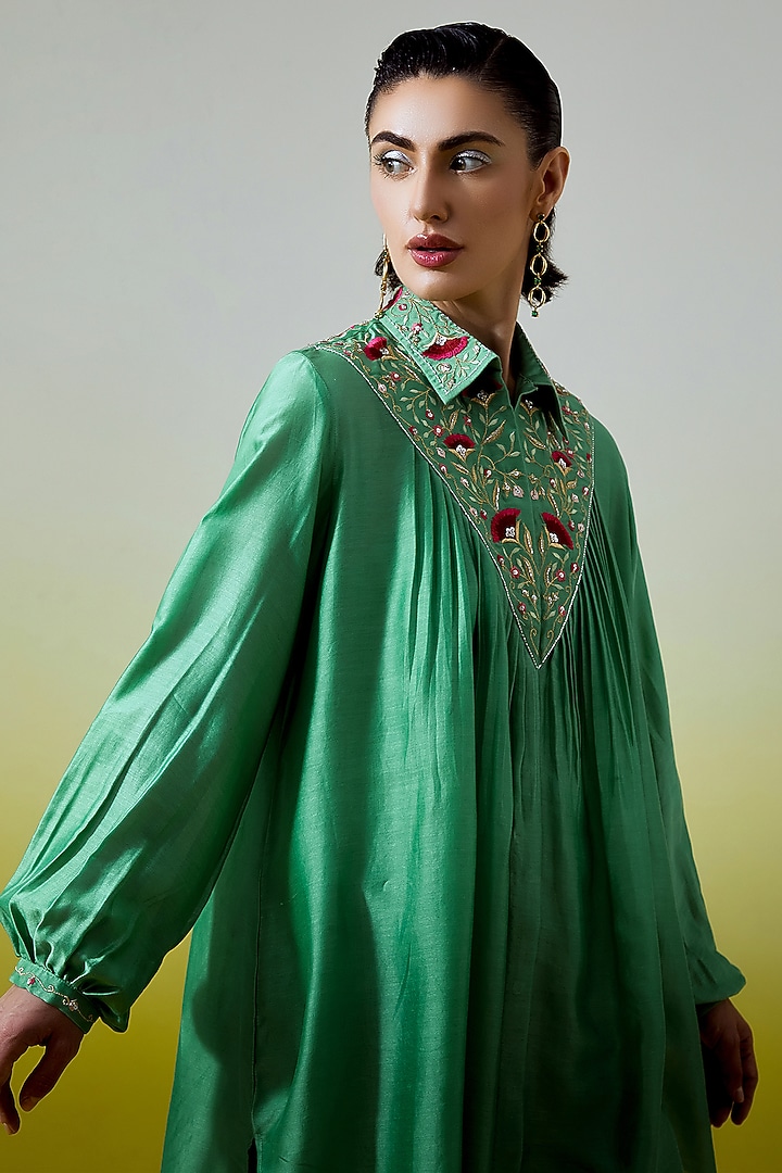 Green Silk Chanderi Embroidered Co-Ord Set by Anantaa By Roohi Trehan at Pernia's Pop Up Shop