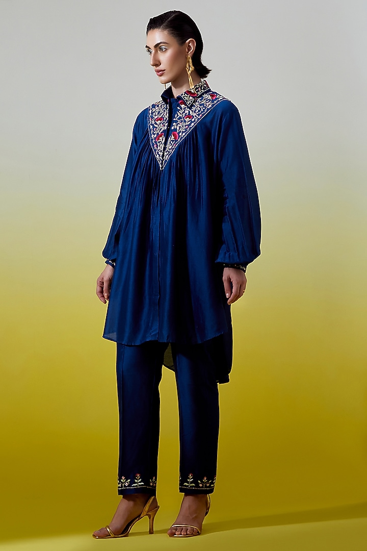 Blue Silk Chanderi Embroidered Co-Ord Set by Anantaa By Roohi Trehan at Pernia's Pop Up Shop