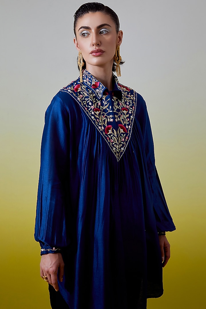 Blue Silk Chanderi Embroidered Co-Ord Set by Anantaa By Roohi Trehan at Pernia's Pop Up Shop