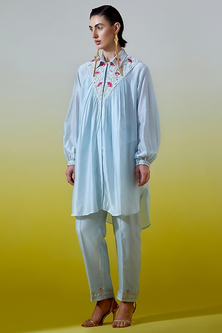 Light Blue Silk Chanderi Embroidered Co-Ord Set by Anantaa By Roohi Trehan at Pernia's Pop Up Shop