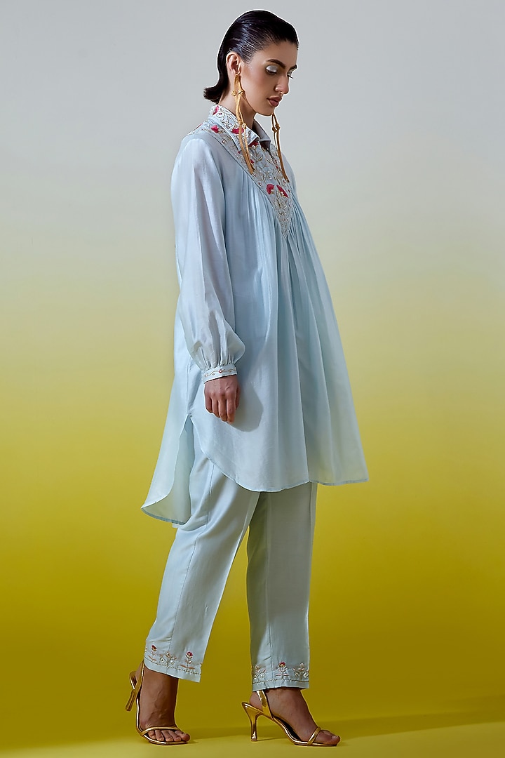 Light Blue Silk Chanderi Embroidered Co-Ord Set by Anantaa By Roohi Trehan at Pernia's Pop Up Shop