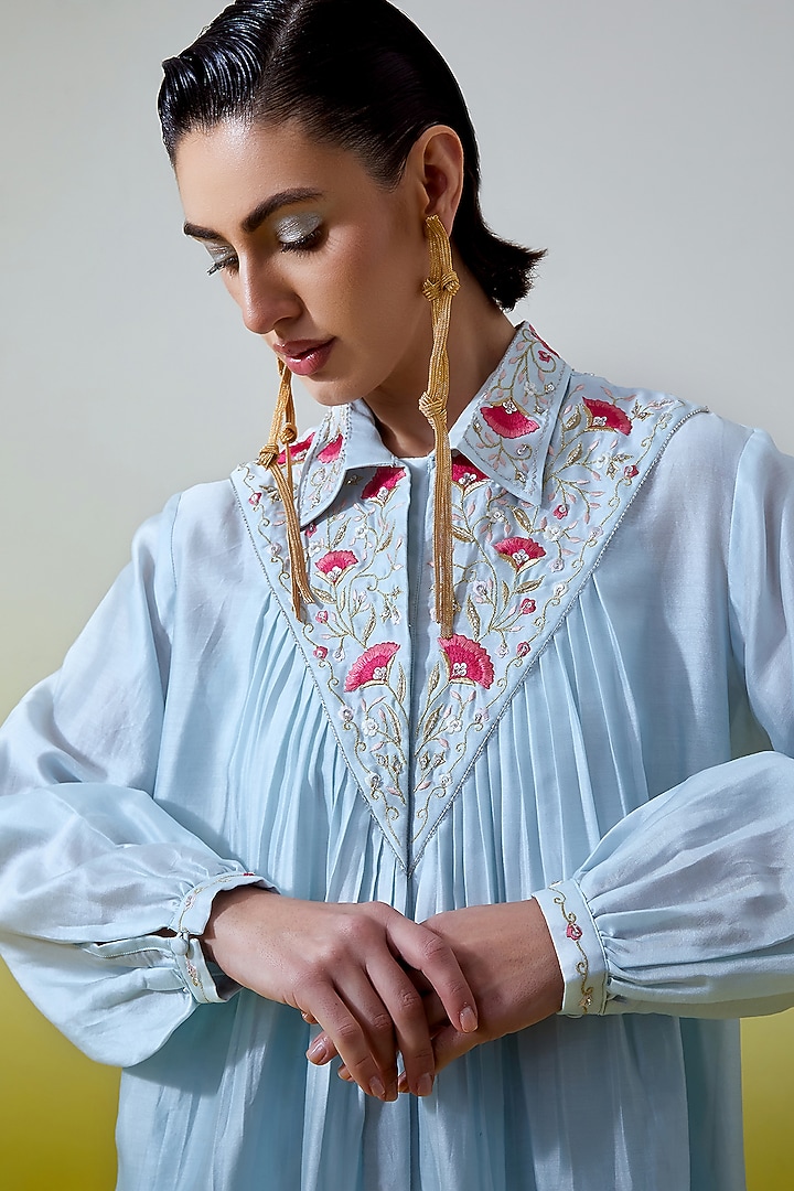 Light Blue Silk Chanderi Embroidered Co-Ord Set by Anantaa By Roohi Trehan at Pernia's Pop Up Shop