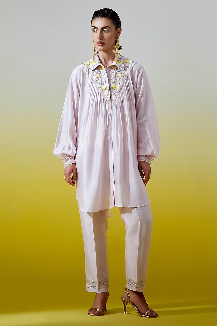 Light Pink Silk Chanderi Embroidered Co-Ord Set by Anantaa By Roohi Trehan at Pernia's Pop Up Shop
