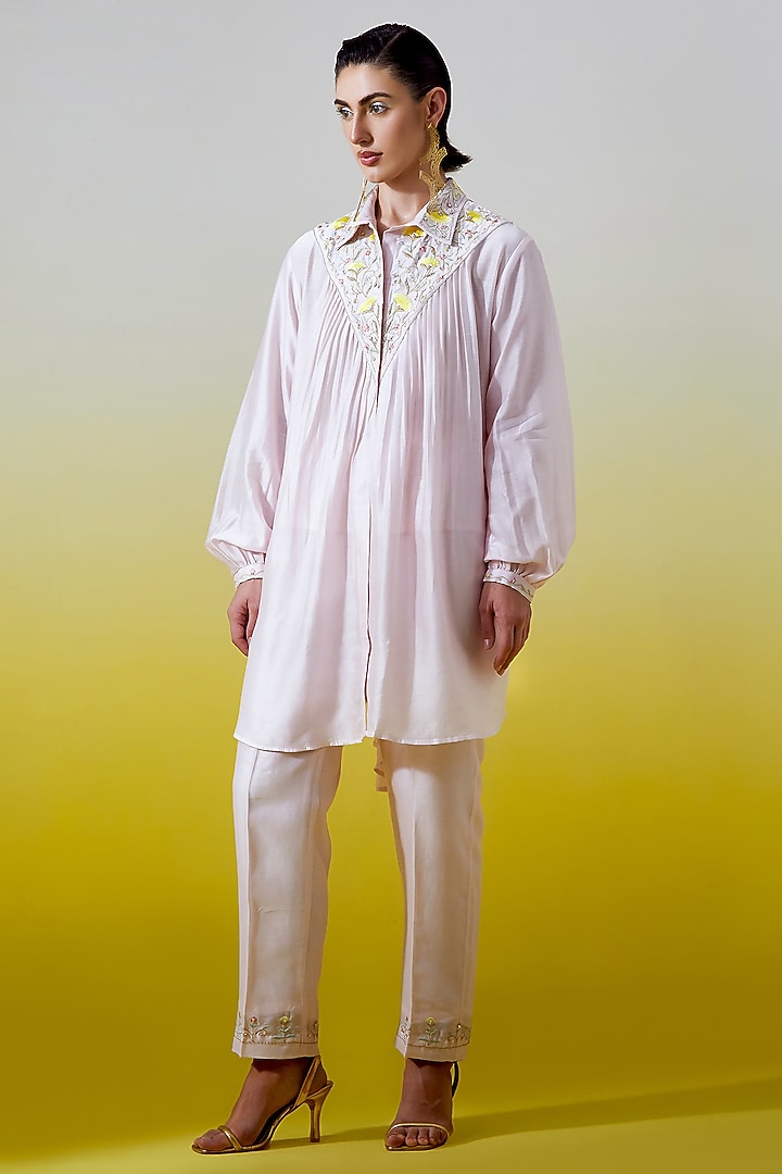 Light Pink Silk Chanderi Embroidered Co-Ord Set by Anantaa By Roohi Trehan at Pernia's Pop Up Shop