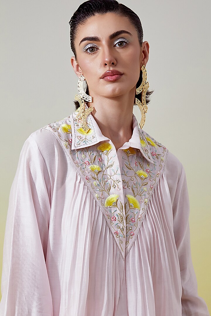 Light Pink Silk Chanderi Embroidered Co-Ord Set by Anantaa By Roohi Trehan at Pernia's Pop Up Shop