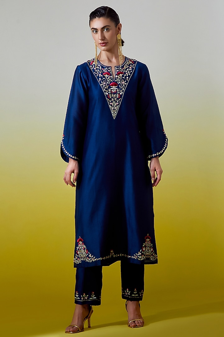 Blue Silk Chanderi Embroidered Kurta Set by Anantaa By Roohi Trehan at Pernia's Pop Up Shop