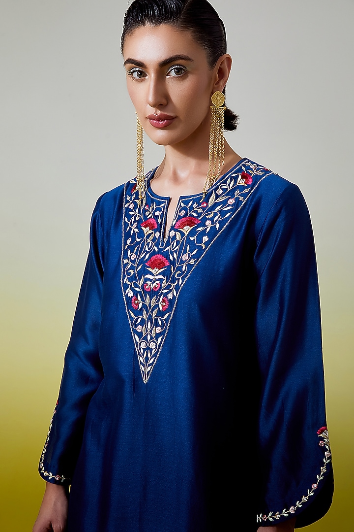 Blue Silk Chanderi Embroidered Kurta Set by Anantaa By Roohi Trehan at Pernia's Pop Up Shop