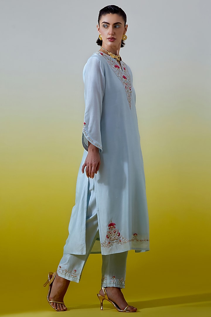 Light Blue Silk Chanderi Embroidered Kurta Set by Anantaa By Roohi Trehan at Pernia's Pop Up Shop