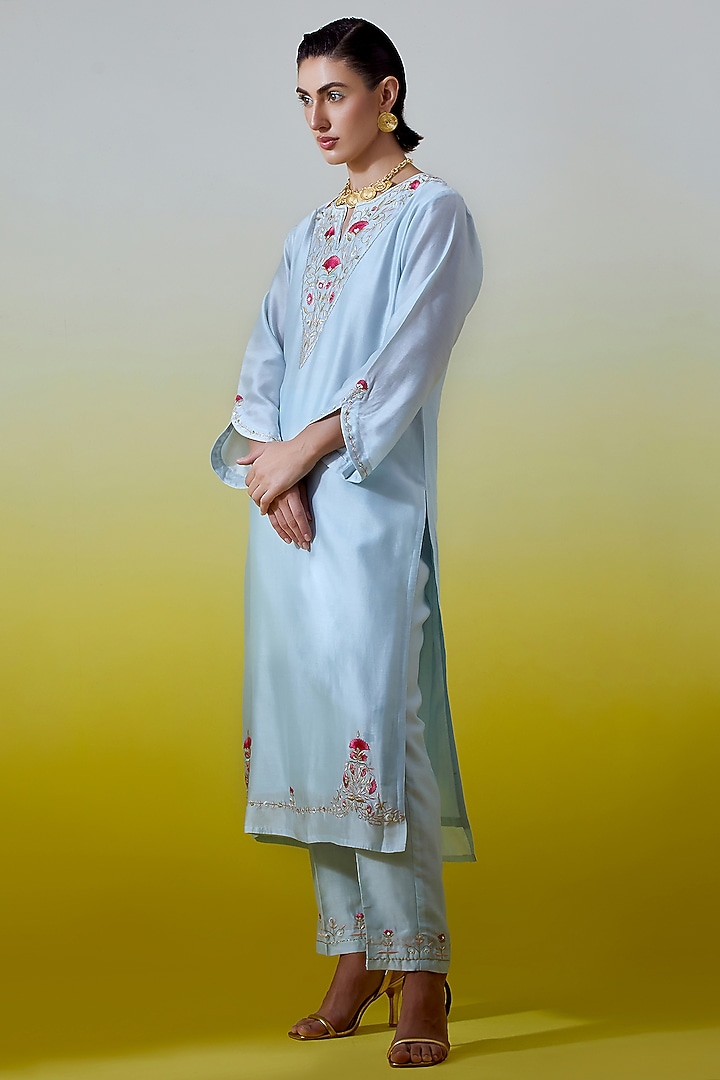 Light Blue Silk Chanderi Embroidered Kurta Set by Anantaa By Roohi Trehan at Pernia's Pop Up Shop