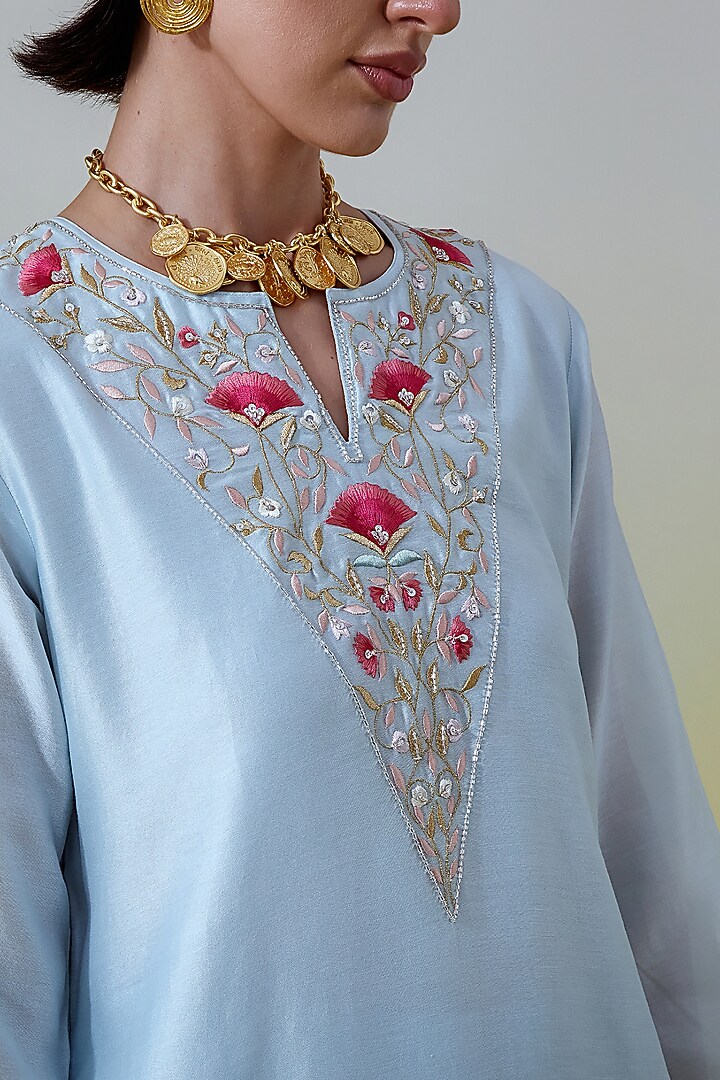 Light Blue Silk Chanderi Embroidered Kurta Set by Anantaa By Roohi Trehan at Pernia's Pop Up Shop