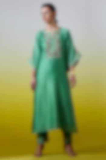 Green Silk Chanderi Embroidered Kurta Set by Anantaa By Roohi Trehan at Pernia's Pop Up Shop