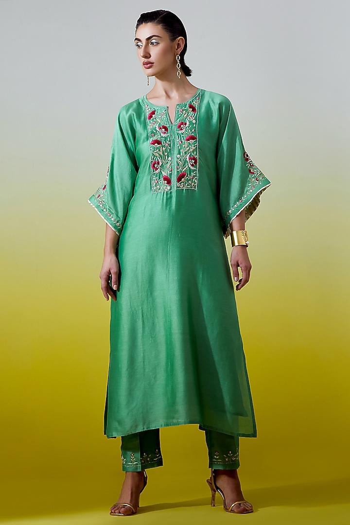 Green Silk Chanderi Embroidered Kurta Set by Anantaa By Roohi Trehan at Pernia's Pop Up Shop