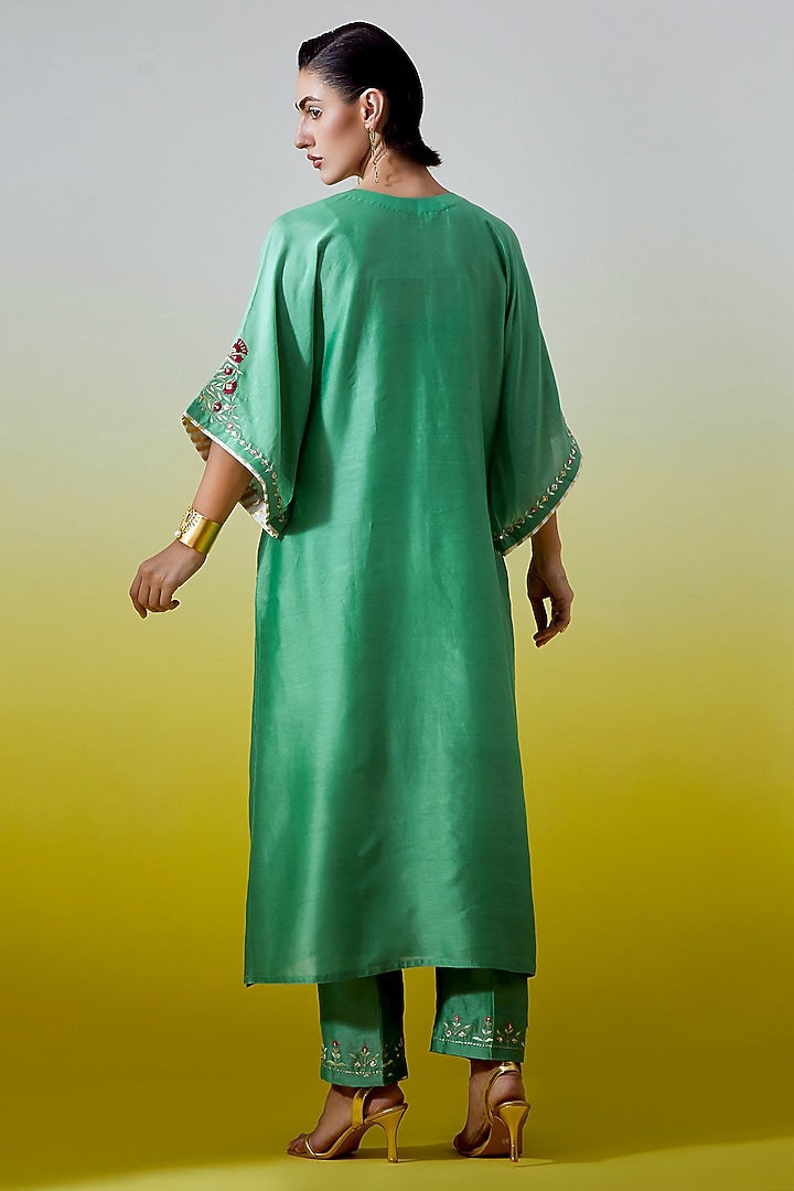 Green Silk Chanderi Embroidered Kurta Set by Anantaa By Roohi Trehan at Pernia's Pop Up Shop