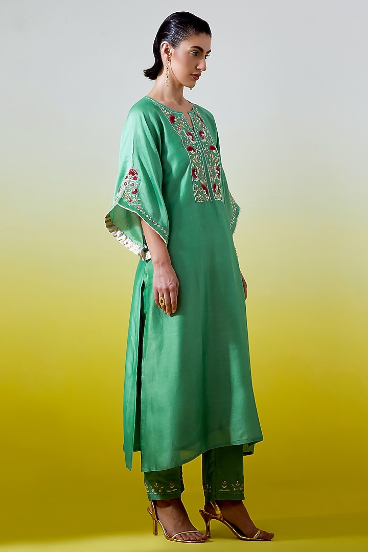 Green Silk Chanderi Embroidered Kurta Set by Anantaa By Roohi Trehan at Pernia's Pop Up Shop