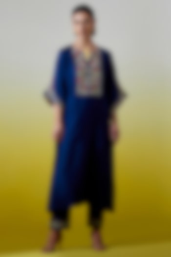 Blue Silk Chanderi Embroidered Kurta Set by Anantaa By Roohi Trehan at Pernia's Pop Up Shop