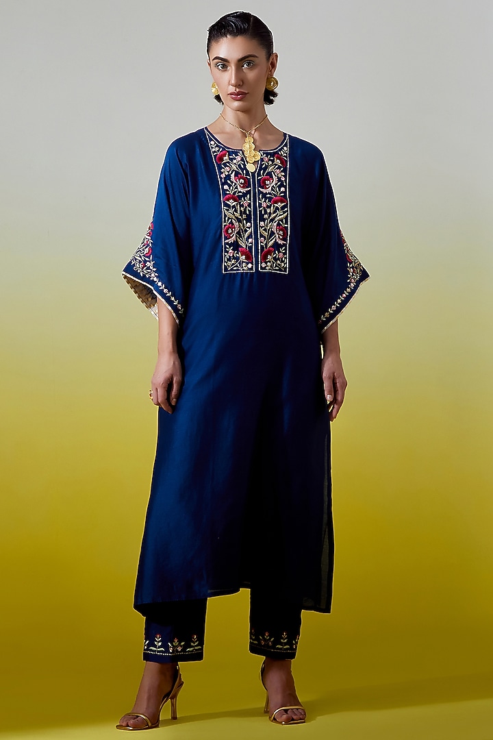 Blue Silk Chanderi Embroidered Kurta Set by Anantaa By Roohi Trehan at Pernia's Pop Up Shop