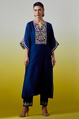 Blue Silk Chanderi Embroidered Kurta Set by Anantaa By Roohi Trehan