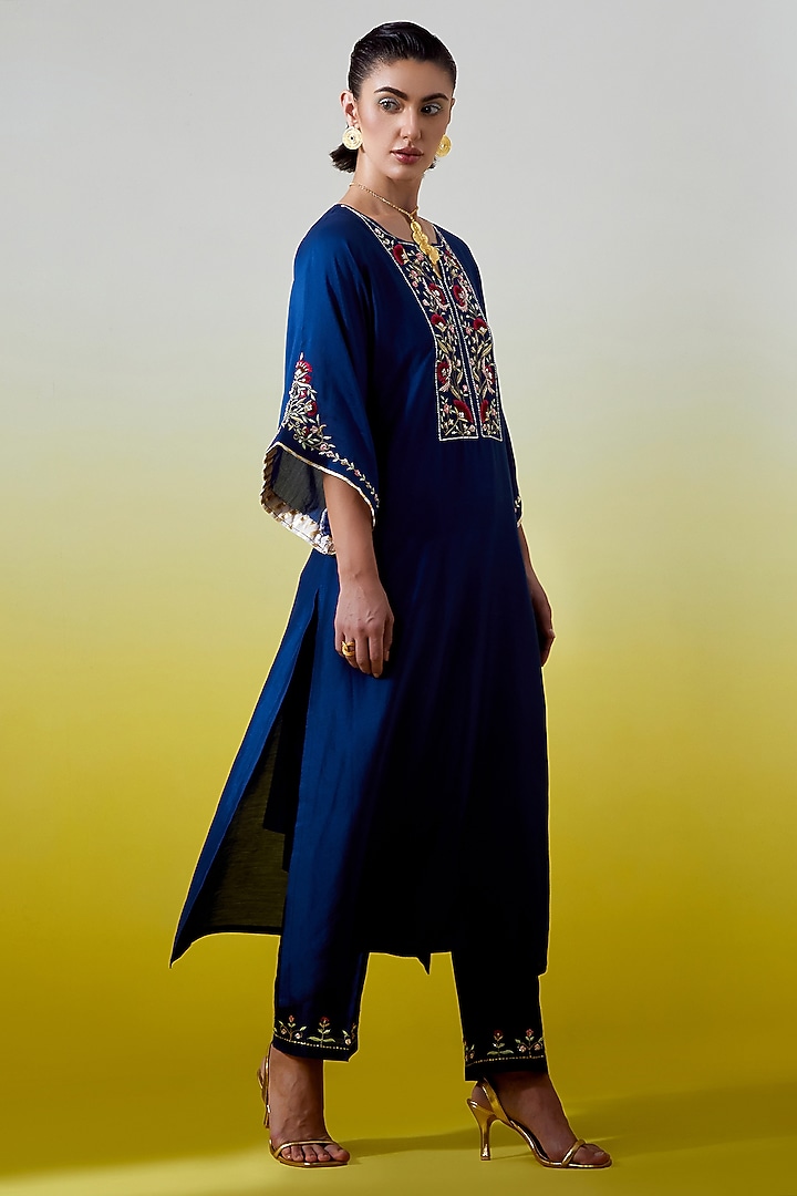 Blue Silk Chanderi Embroidered Kurta Set by Anantaa By Roohi Trehan at Pernia's Pop Up Shop