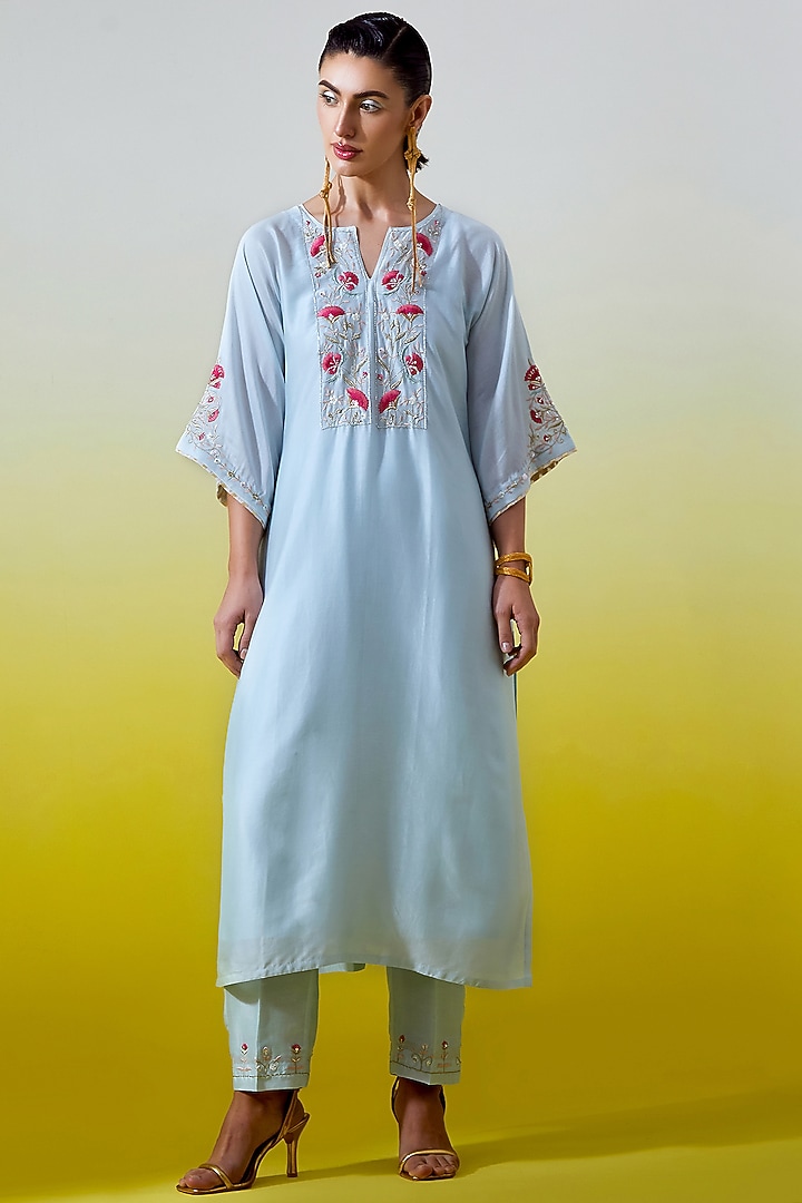 Light Blue Silk Chanderi Embroidered Kurta Set by Anantaa By Roohi Trehan at Pernia's Pop Up Shop