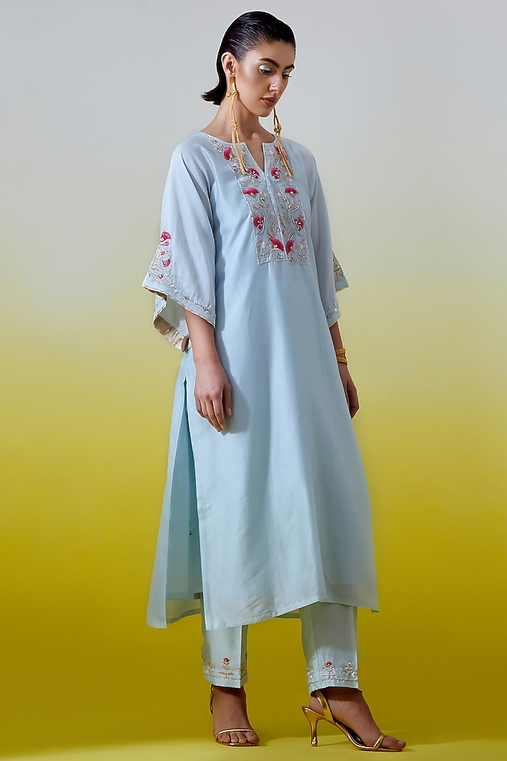 Light Blue Silk Chanderi Embroidered Kurta Set by Anantaa By Roohi Trehan at Pernia's Pop Up Shop