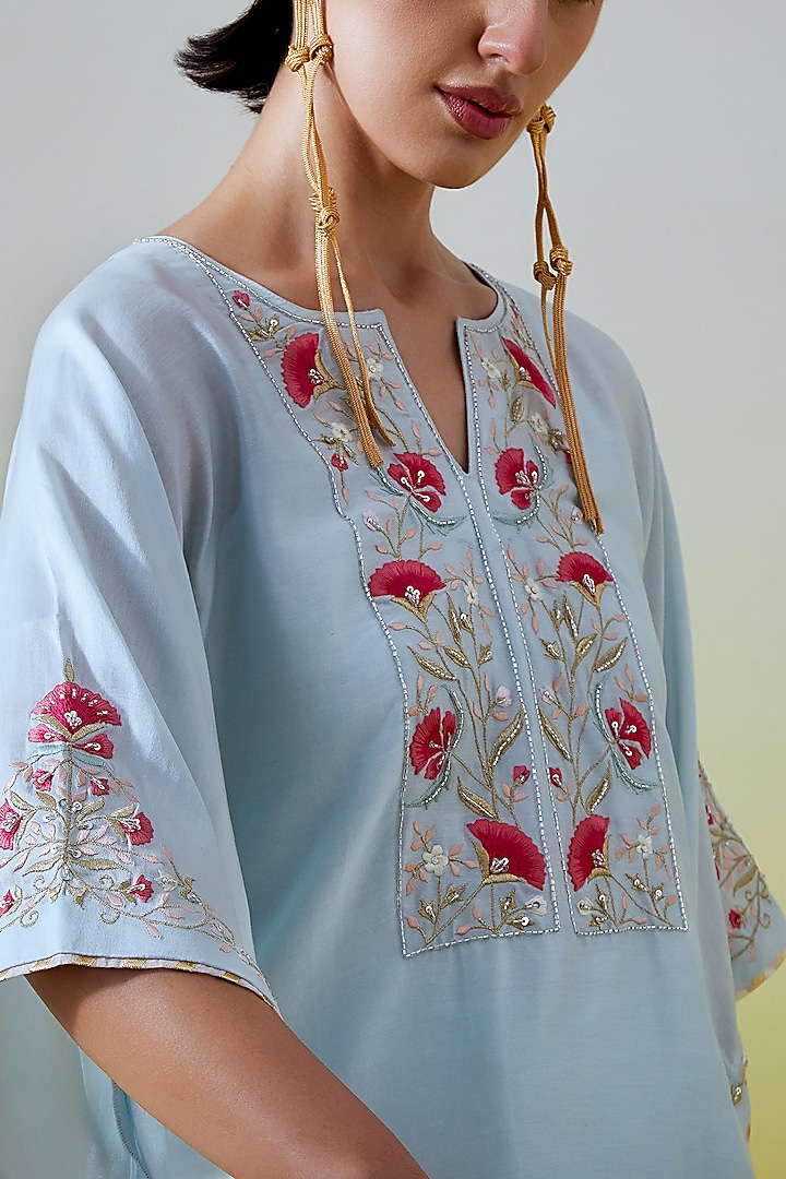 Light Blue Silk Chanderi Embroidered Kurta Set by Anantaa By Roohi Trehan at Pernia's Pop Up Shop
