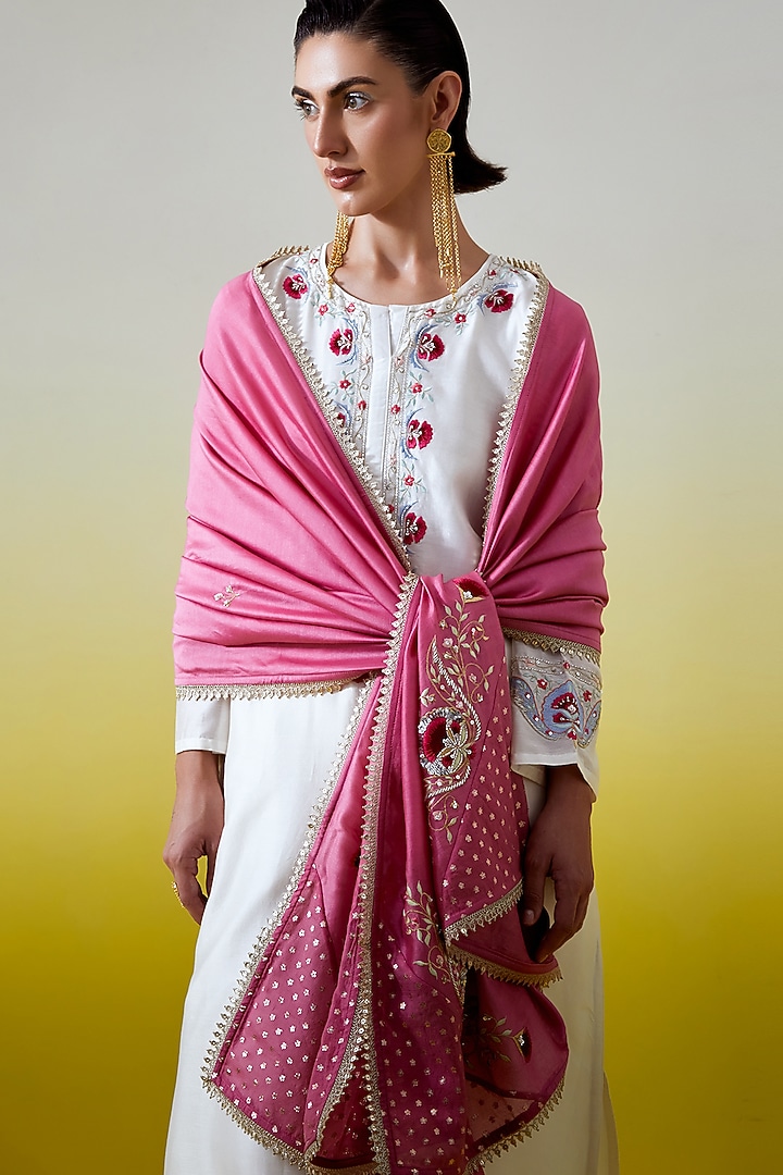 Dark Pink Silk Chanderi Embroidered Dupatta by Anantaa By Roohi Trehan at Pernia's Pop Up Shop