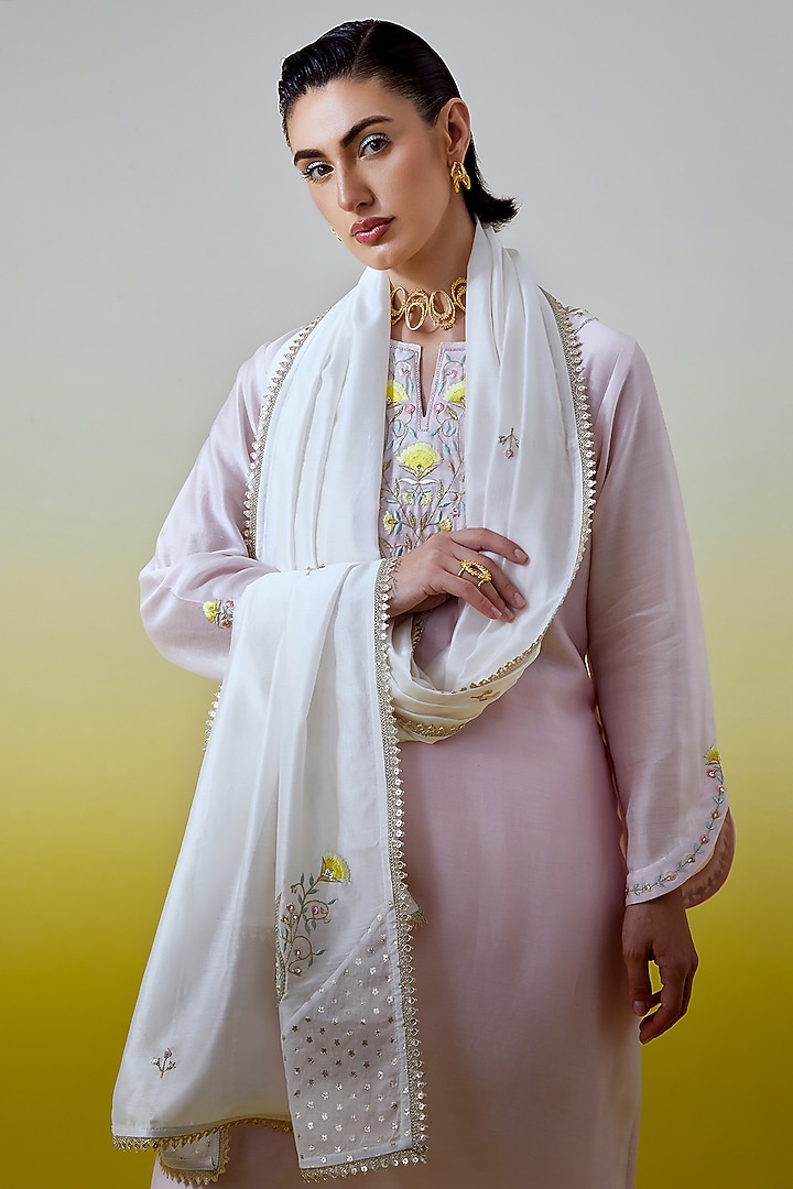 Off-White Silk Chanderi Embroidered Dupatta by Anantaa By Roohi Trehan at Pernia's Pop Up Shop