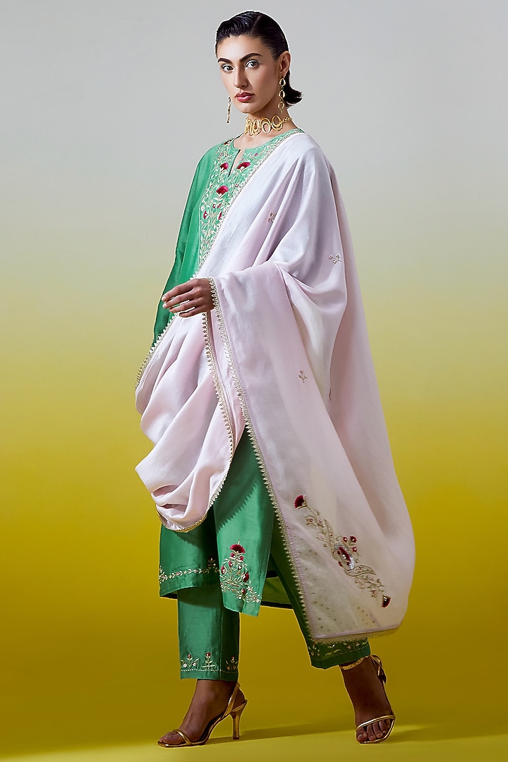 Light Pink Silk Chanderi Embroidered Kurta Set by Anantaa By Roohi Trehan at Pernia's Pop Up Shop