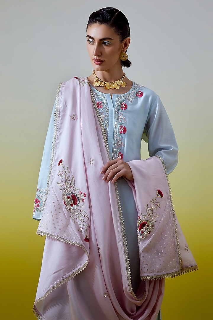 Light Pink Silk Chanderi Embroidered Dupatta by Anantaa By Roohi Trehan at Pernia's Pop Up Shop