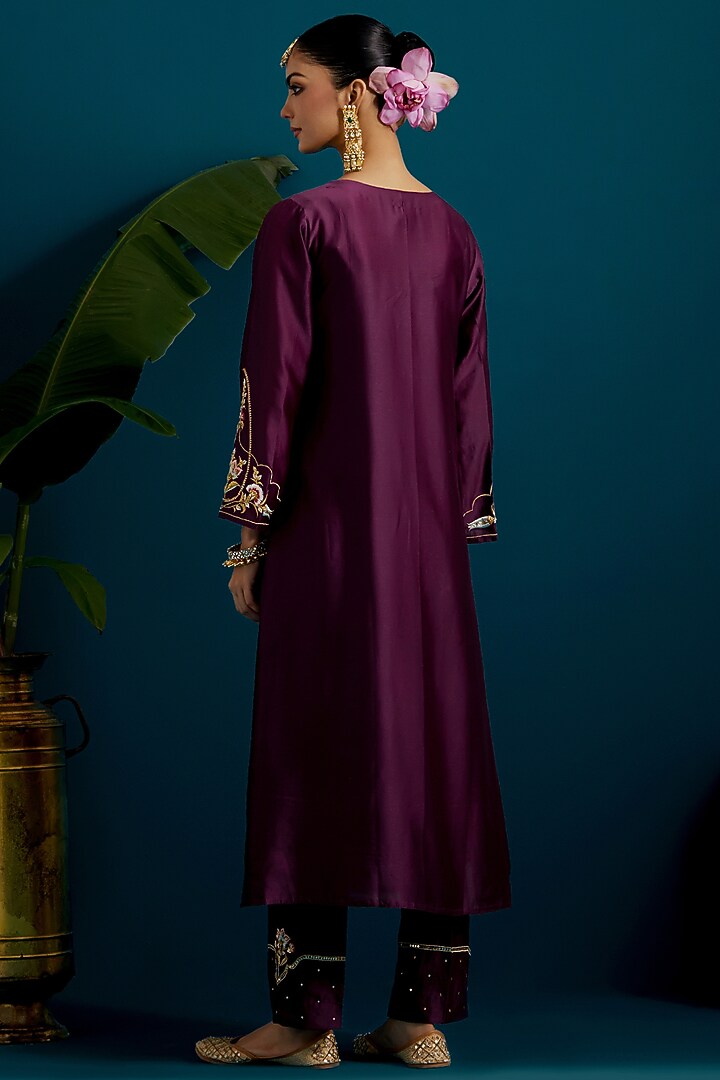 Purple Silk Chanderi Dabka Embroidered A-Line Kurta Set by Anantaa By Roohi Trehan at Pernia's Pop Up Shop