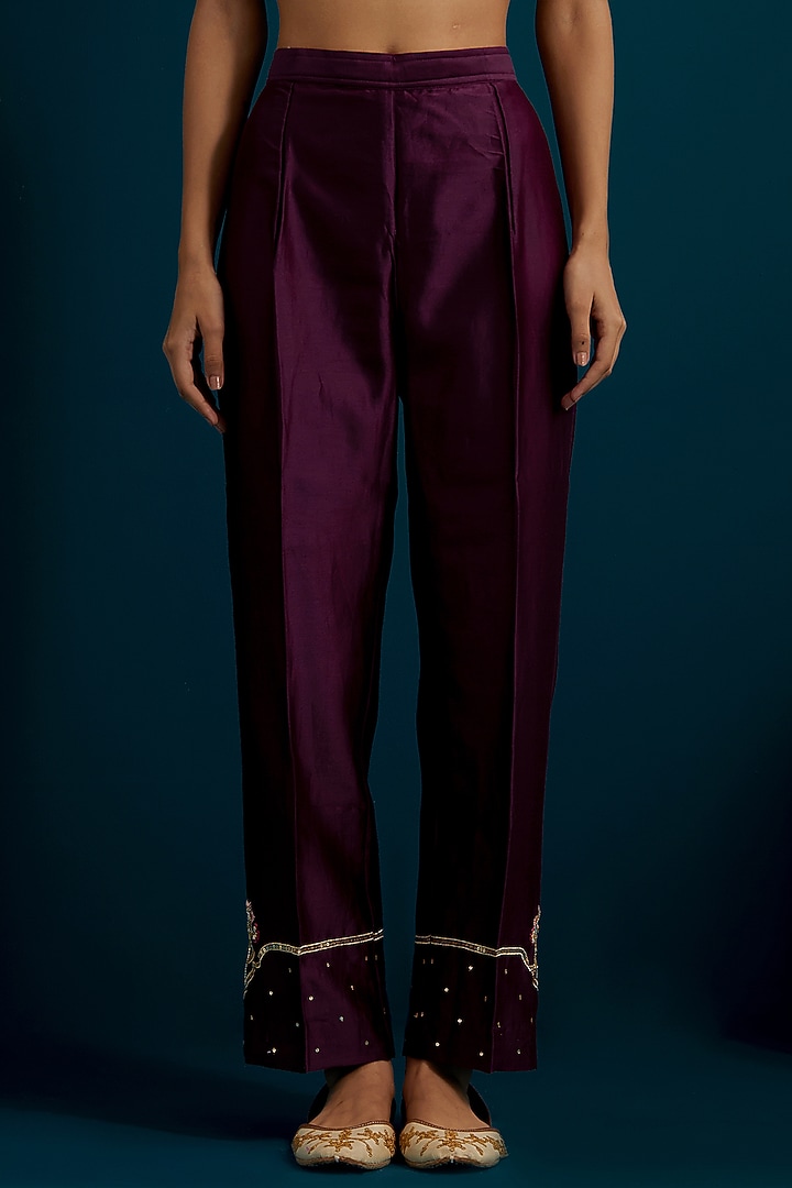 Purple Silk Chanderi Dabka Embroidered A-Line Kurta Set by Anantaa By Roohi Trehan at Pernia's Pop Up Shop