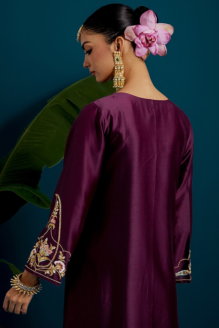 Purple Silk Chanderi Dabka Embroidered A-Line Kurta Set by Anantaa By Roohi Trehan at Pernia's Pop Up Shop
