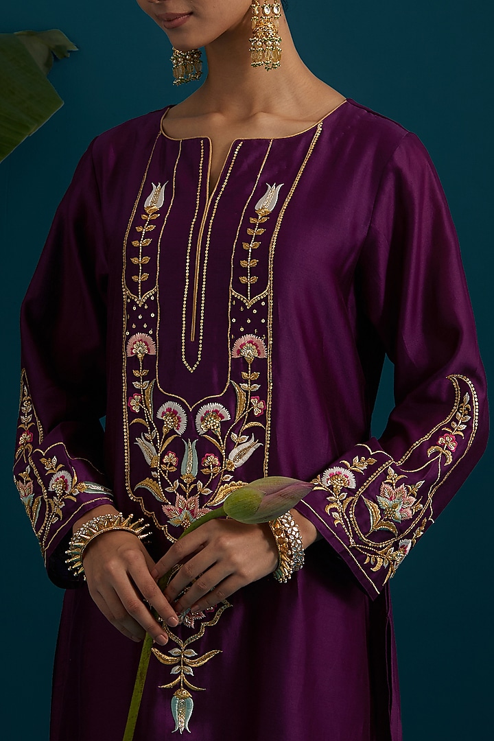 Purple Silk Chanderi Dabka Embroidered A-Line Kurta Set by Anantaa By Roohi Trehan at Pernia's Pop Up Shop