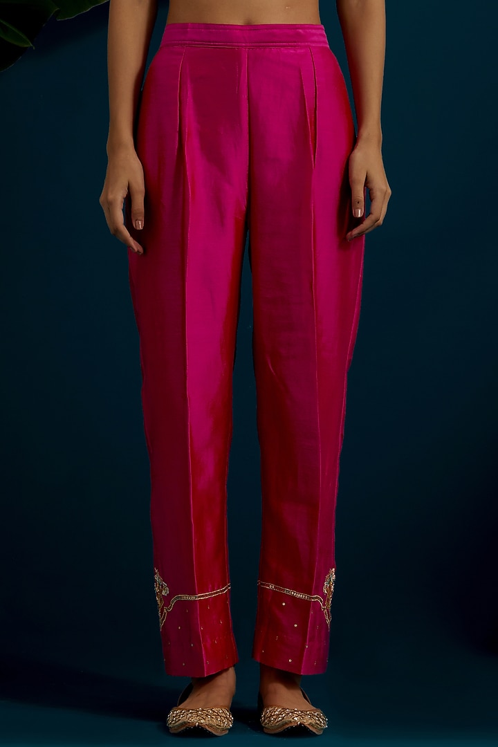 Fuchsia Silk Chanderi Dabka Embroidered A-Line Kurta Set by Anantaa By Roohi Trehan at Pernia's Pop Up Shop