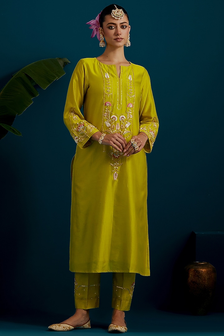 Lime Green Silk Chanderi Dabka Embroidered A-Line Kurta Set by Anantaa By Roohi Trehan at Pernia's Pop Up Shop