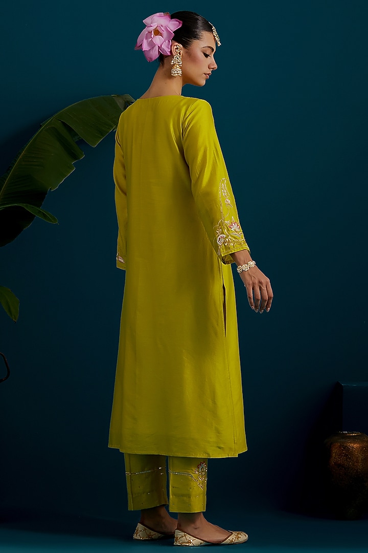 Lime Green Silk Chanderi Dabka Embroidered A-Line Kurta Set by Anantaa By Roohi Trehan at Pernia's Pop Up Shop