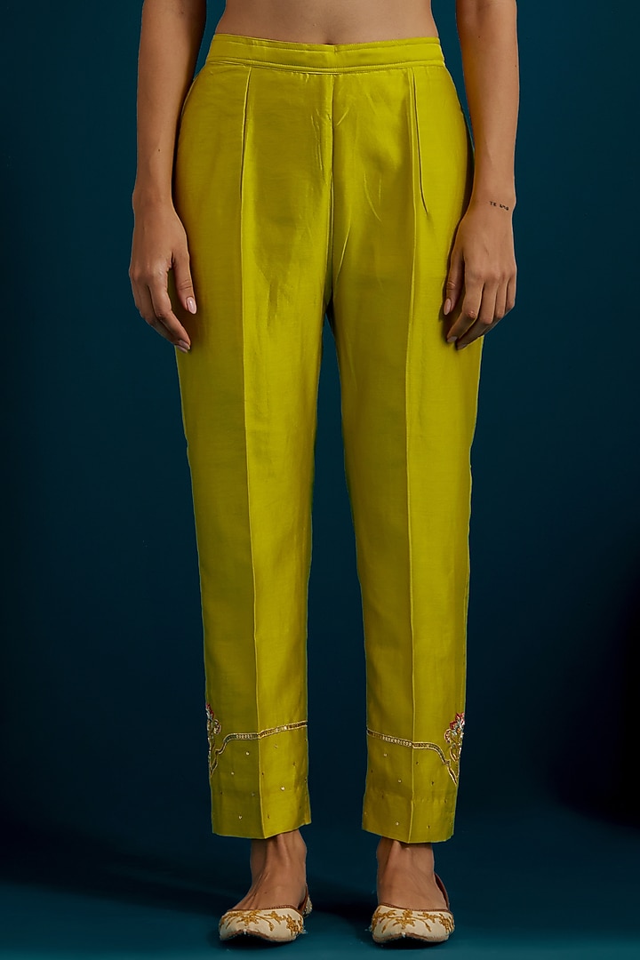 Lime Green Silk Chanderi Dabka Embroidered A-Line Kurta Set by Anantaa By Roohi Trehan at Pernia's Pop Up Shop