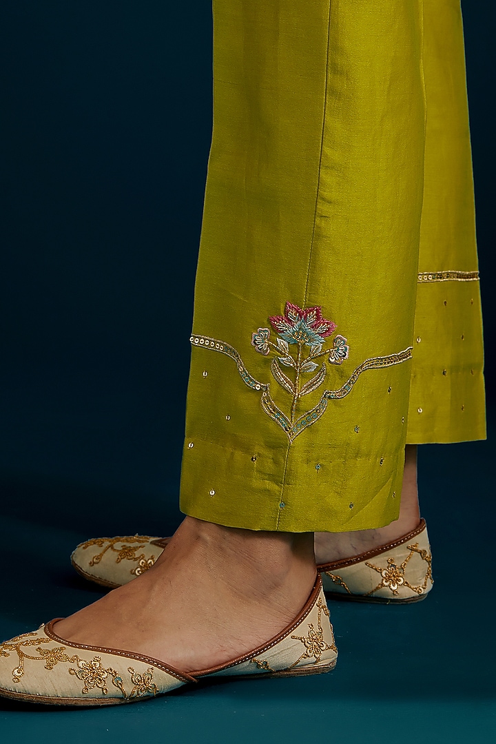 Lime Green Silk Chanderi Dabka Embroidered A-Line Kurta Set by Anantaa By Roohi Trehan at Pernia's Pop Up Shop