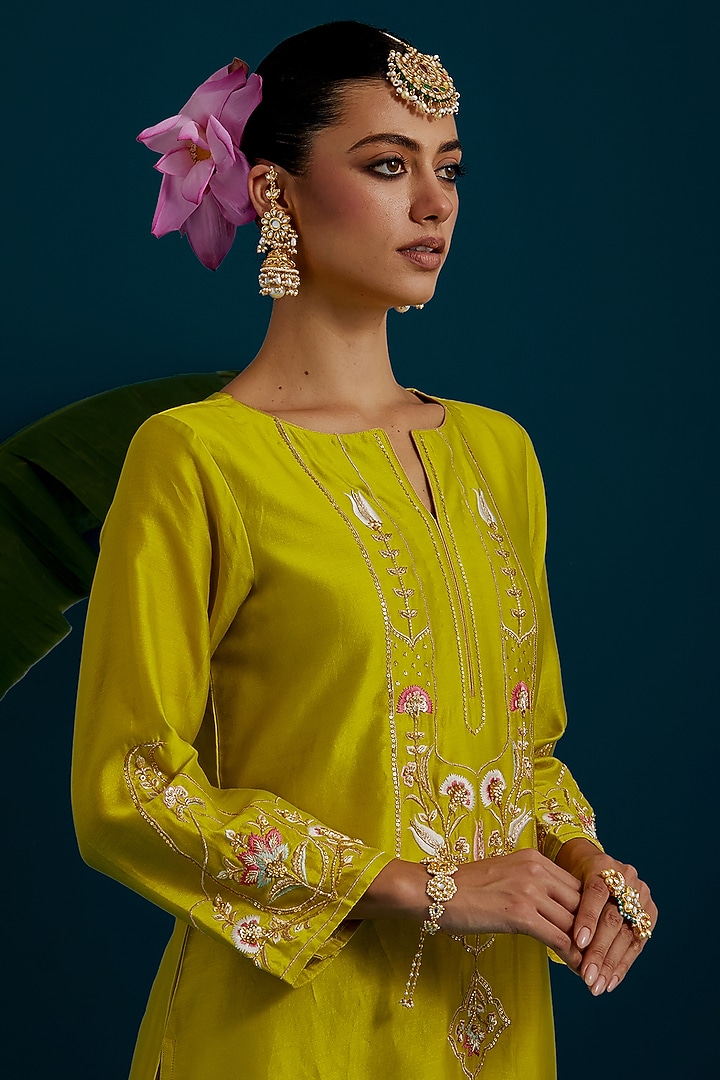 Lime Green Silk Chanderi Dabka Embroidered A-Line Kurta Set by Anantaa By Roohi Trehan at Pernia's Pop Up Shop