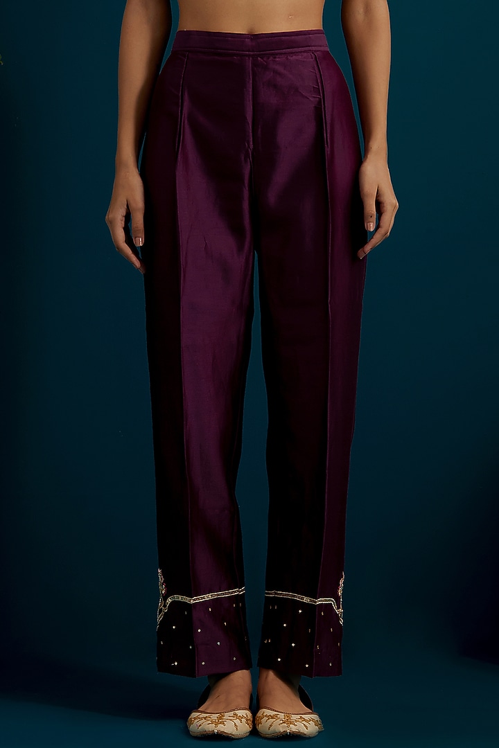 Purple Silk Chanderi Paisley Embroidered Kurta Set by Anantaa By Roohi Trehan at Pernia's Pop Up Shop